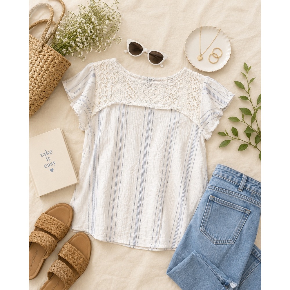 Lily White Boho Lace Yoke Striped Cotton Blouse Top Women's Large Cottagecore